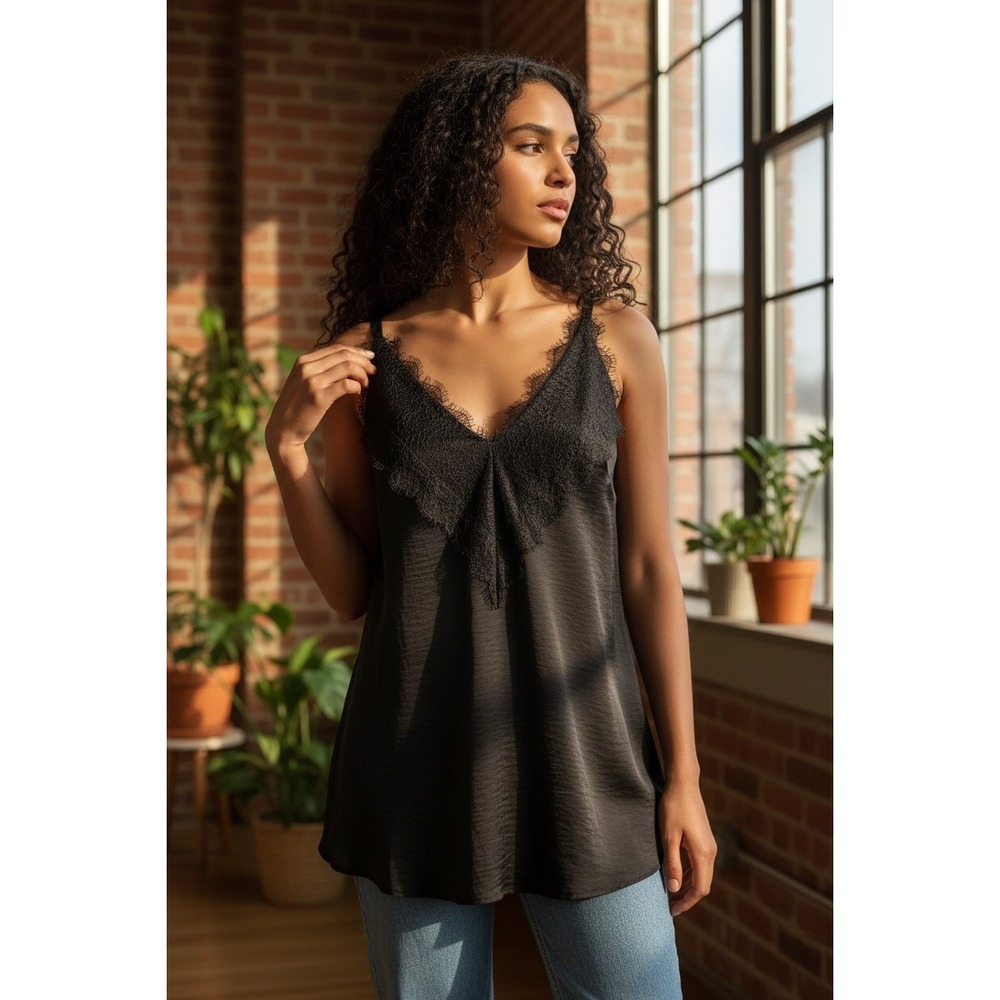Universal Standard Black Satin Lace Trim‎ V-Neck Camisole Tank Top  Medium